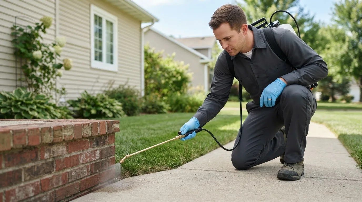 Pest control technician treating a home near Goodland, MN