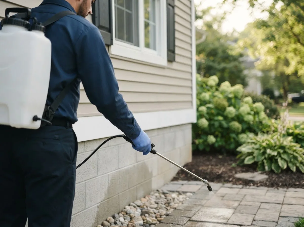 Pest control technician inspecting a home in Goodland, MN